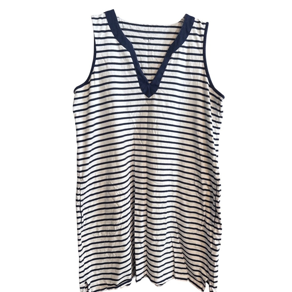 Lands End Striped Sleeveless‎ V Neck Casual Dress Womens XL Navy White